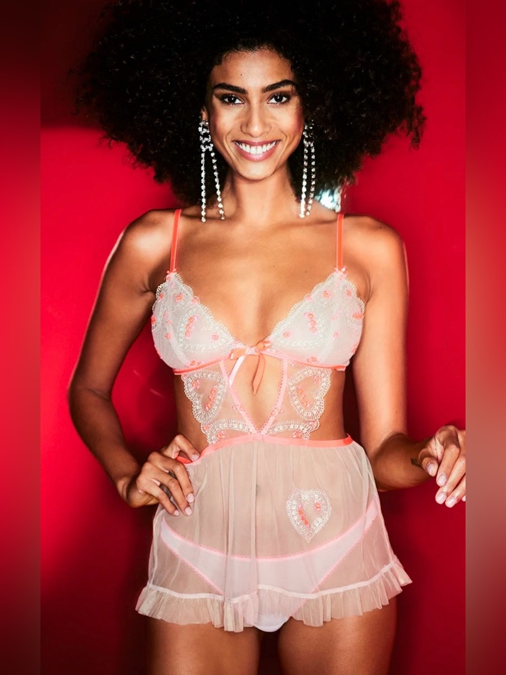 Victoria's Secret Embroidered Lace Mesh Babydoll Chemise Medium Coquette Y2K